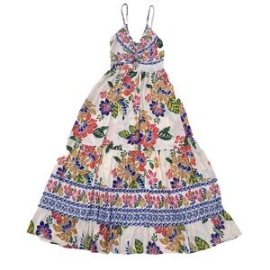 ANGIE Twist Front Keyhole Sz S Tiered Maxi Dress Blue Cream Floral Smocked Back
